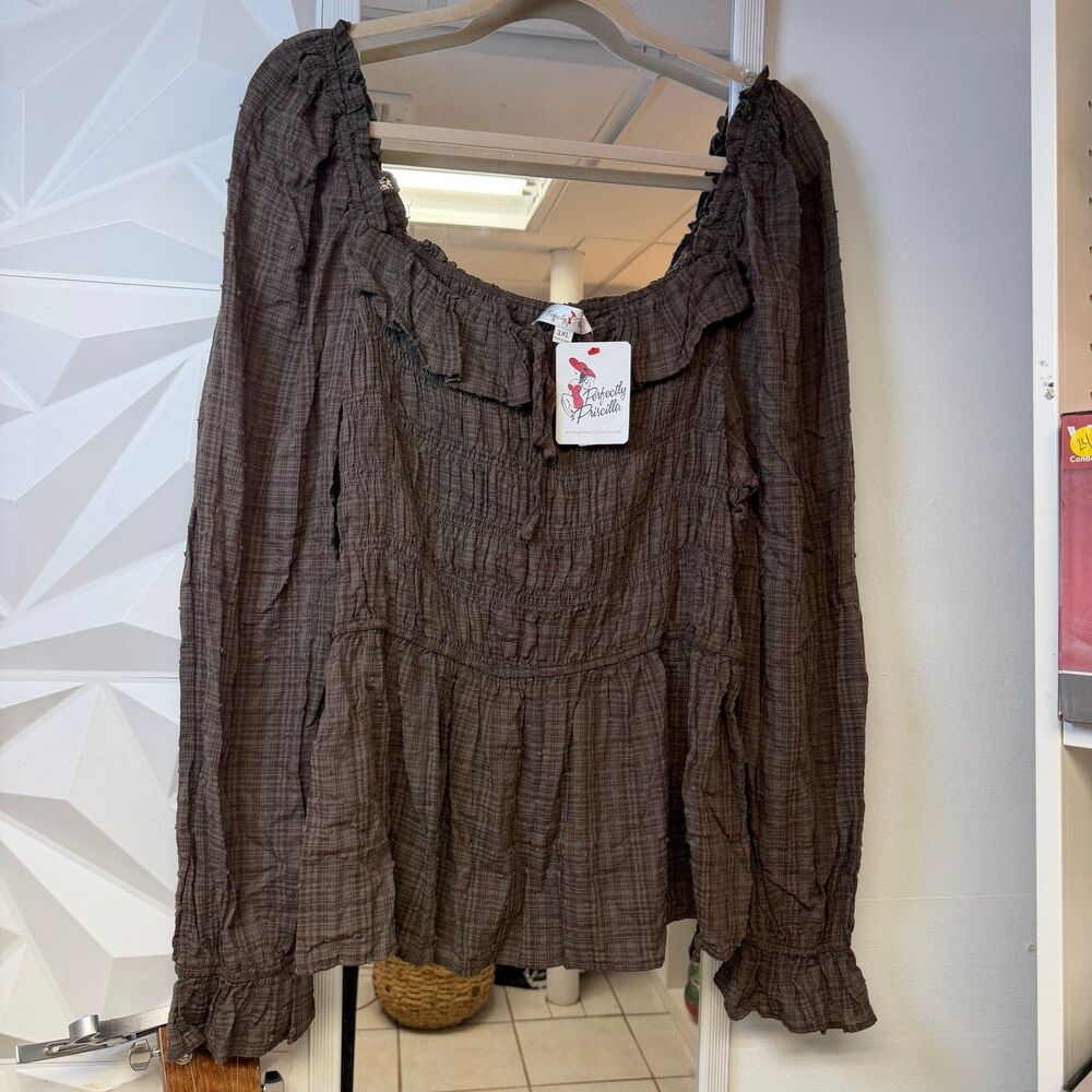 Perfectly Priscilla Cottagecore Smocked Peplum Blouse Brown Ruffle 3XL